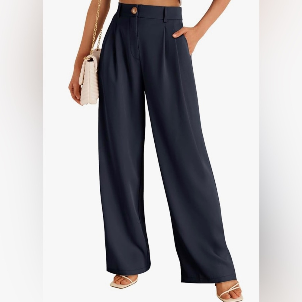 Wide Leg Dress Pants Women's High Waisted Dressy Trousers-Navy Blue